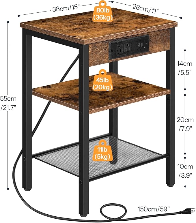 HOOBRO End Tables Set of 2 with Charging Station and USB Port, 3-Tier Nightstands with Adjustable Shelf, Small Side Tables for Small Space in Living Room, Bedroom, Rustic Brown BF112BZP201