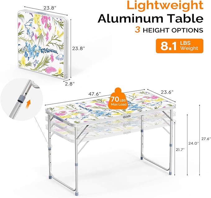 VINGLI 4FT White Folding Table with Carrying Handle Height Adjustable Lightweight Fold Up Portable for Indoor Outdoor Picnic,Camping,Hiking,Fishing,BBQ …