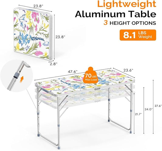 VINGLI 4FT White Folding Table with Carrying Handle Height Adjustable Lightweight Fold Up Portable for Indoor Outdoor Picnic,Camping,Hiking,Fishing,BBQ …