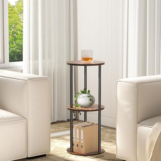 11.8'D Round Drink Table - 3-Tier Small Side Table with Wood Legs, End Table for Small Space, Balcony & Office | Space-Saving, Multi-Functional (Plants, Books, Drinks), Brown