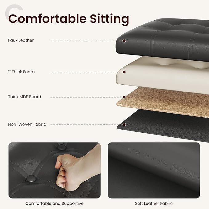 YOUDENOVA 15 inches Folding Storage Ottoman, Cube Storage Boxes, Small Ottoman with Foam Padded Seat, Support 300lbs (Black, Leather)