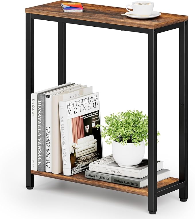 KIMBORA 8.6” Narrow Small Side Table for Small Spaces, 2 Tier Skinny Couch End Tables Living Room, Slim Nightstand for Bedroom Bedside, Brown