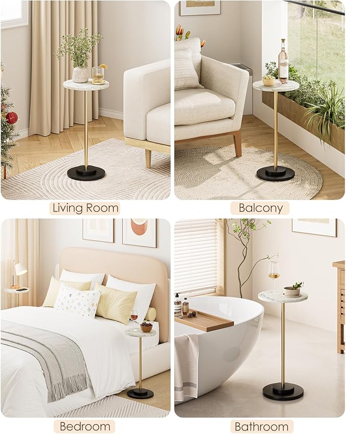 Round Side Table, Small Drink Table for Small Spaces, Modern Accent End Table with Metal Leg for Living Room, Bedroom, Corners, and Office (Marble)