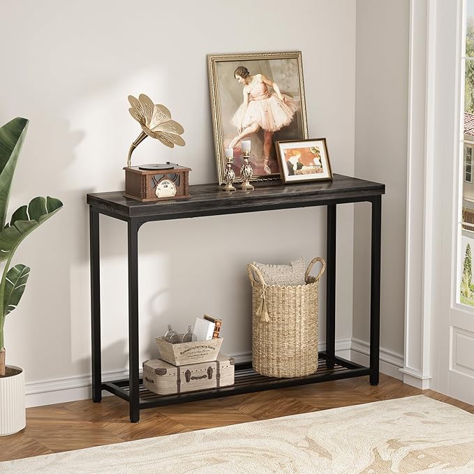 Console Table, Entryway Table, Sofa Table with Mesh Shelves, Console Tables for Living Room, Bedroom, Hallway, Entryway, Foyer (2 Tier, Oak Grey, 32 inch)