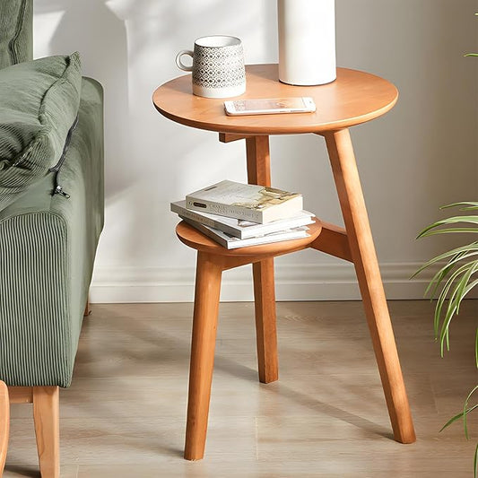 Side Table, 2-Tier Round End Tables Living Room, Mid Century Modern Side Table, Round Nightstand, Oak Accent Table, Small Round Coffee Table, 16.54" Dia.x 23.62" H(Natural)