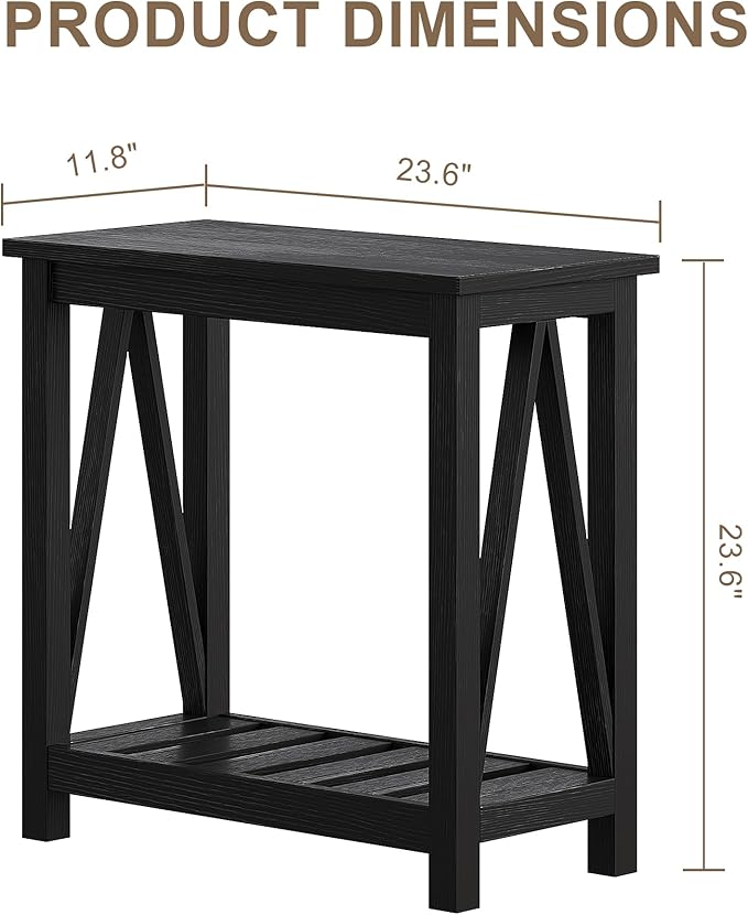 ChooChoo Farmhouse End Table Set of 2, Rustic Vintage Narrow End Side Table with Storage Shelf for Small Spaces, Nightstand Sofa Table for Living Room, Bedroom Black