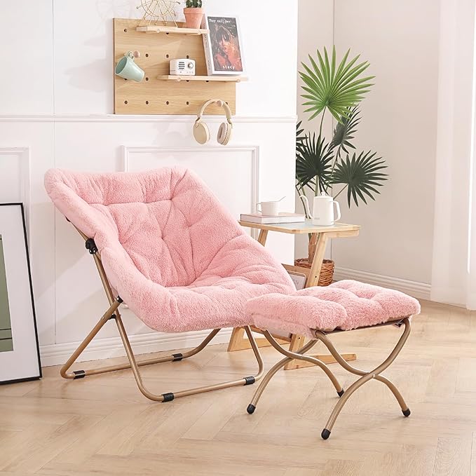 Dorm Chair with Ottoman, X-Large Soft Saucer Chair, Oversized Folding Faux Fur Accent Chair, Foldable Metal Frame Chair for Bedroom, Living Room (Pink)