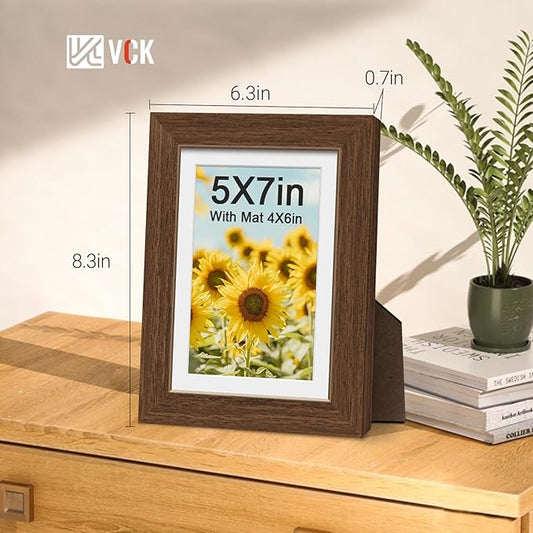 VCK 5x7 Picture Frame 5 Pack - Brown, High-End Wood Poster Frames with Tempered Glass, Display 4x6 Photo with Mat or 5x7 without Mat, Art Gallery-Quality, Wall Hanging/Tabletop, Brown