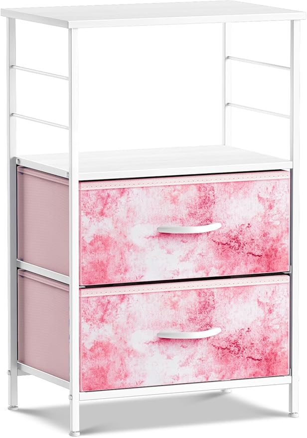 Sorbus 2 Drawer Shelf Storage Nightstand - Kids Bedside Furniture End Table Night Stand with Steel Frame Wood Top & Easy Pull Fabric Bins, Dresser & Chest for Home Bedroom Accessories Office & College