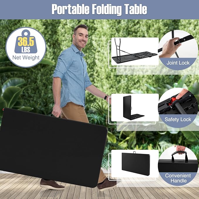 Goplus 8ft Plastic Folding Table, 350 LBS Outdoor Heavy Duty Folding Tables with HDPE Tabletop, Handle, Lock, Foldable Rectangle Portable Utility Card Table for Picnic, Party, Camping, Dining