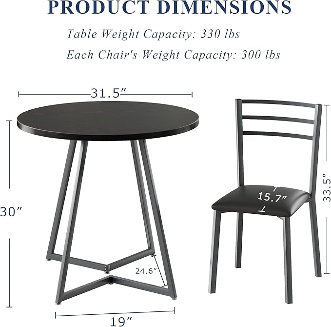 VECELO Round Dining Table Set for 2, Heavy-Duty Metal Frame & Upholstered Chair for Breakfast Nook, Kitchen, and Small Space, Matte Black