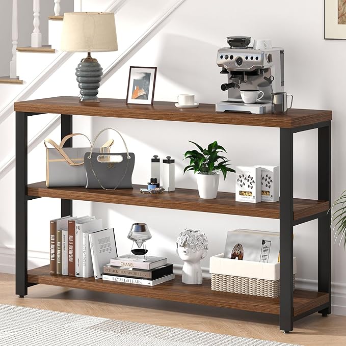 EXCEFUR 47" Entryway Table, Industrial Console Table for Living Room & Hallway, 3-Tier Storage Sofa Table Behind Couch, Walnut