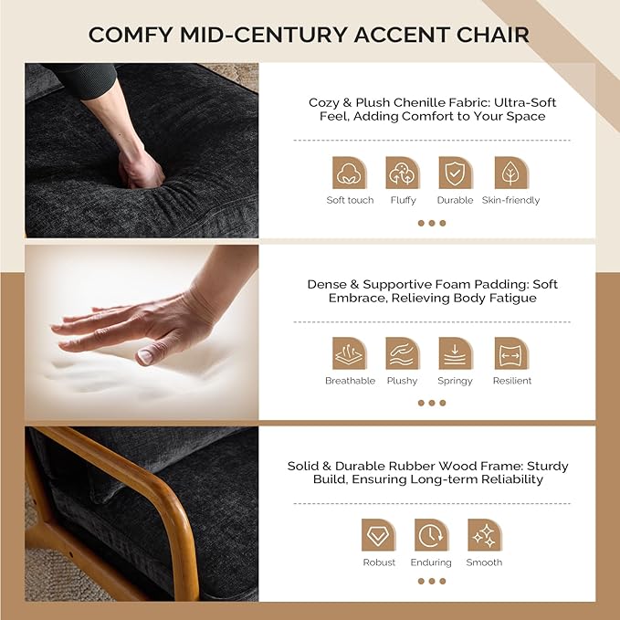 VINGLI Chenille Mid-Century Modern Accent Chair Set of 2, Cute Reading Arm Chair with Cushion & Lumbar Pillow & Solid Wood Frame for Lounge, Living Room, Reading Room, Bedroom, Black