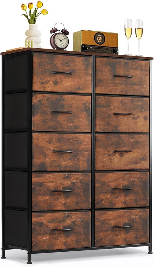 10-Drawer Dresser for Bedroom, Anti-Tip Tall Storage Organizer Chest of Drawers with Wooden Top and Metal Frame Fabric Bins for Closet, Living Room, Hallway, Entryway, Brown