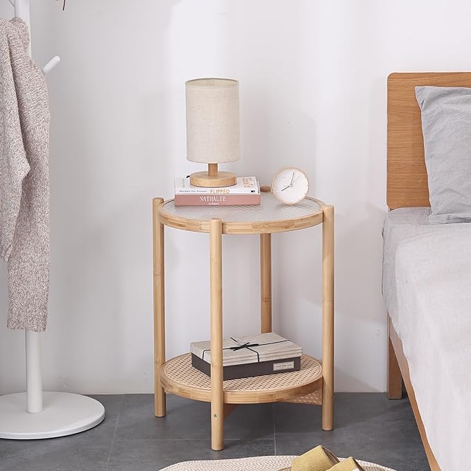 Tiita Rattan Nightstand Side Table, Bamboo Accent Bedside Tables, Glass Coffee Tables, Boho Wooden End Table with Storage for Small Space, Living Room and Bedroom