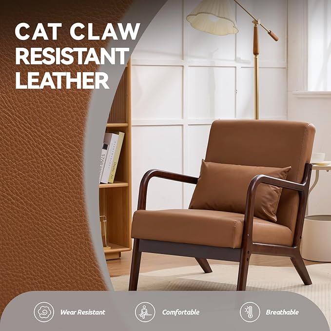 Mid Century Modern PU Leather Accent Chair, Living Room Chairs with Lumbar Pillow Boho Arm Chiar Reading Chair with Solid Wood Frame for Living Room Bedroom