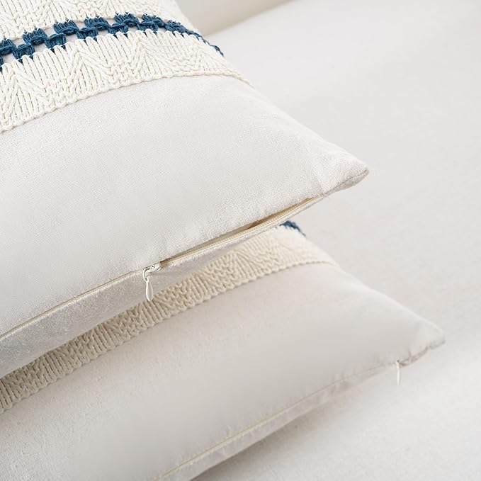 Fancy Homi Set of 2 Boho Teal Decorative Throw Pillow Cover 22x22 Inch for Couch Bed Sofa, Aesthetic Modern Organic Farmhouse Home Decor, Soft Cotton Cute Accent Macrame Woven Cushion Case