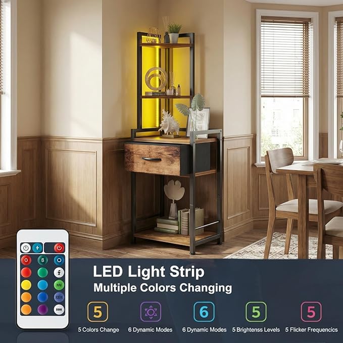 5-Tier Corner Shelf Stand with LED Lights & Fabric Drawer - Rustic Brown Freestanding Corner Cabinet Storage Organizer for Living Room, Bedroom, Office