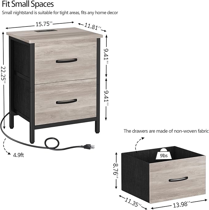Vagusicc Nightstand with Charging Station, Bedside Table with USB Ports and Outlet, End Table Side Table with 2 Fabric Drawers for Bedroom, Living Room, Greige
