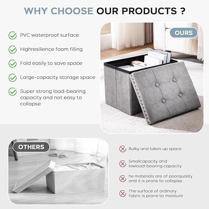 Storage Ottoman Cube 16in, Small Faux Leather Tuffed Foot Rest Stool with Rivet Design, Foldable Ottomans Footstool, Box Chest for Bedroom, Entryway, 16x12x12inches Grey, Load 242 lb, Grey