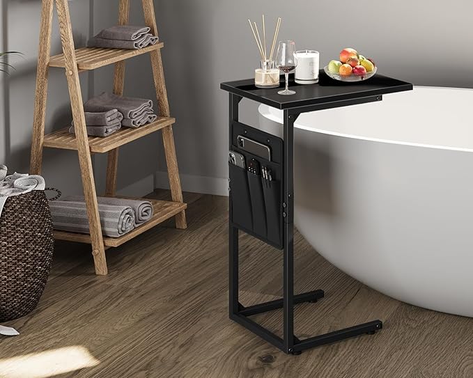 Vagusicc C Shaped End Table, Small Side Table for Couch, Couch Side Table Arm C Table for Sofa, TV Tray Slide Under Sofa Drink Table with Metal Frame for Living Room, Bedroom, Bedside, Black