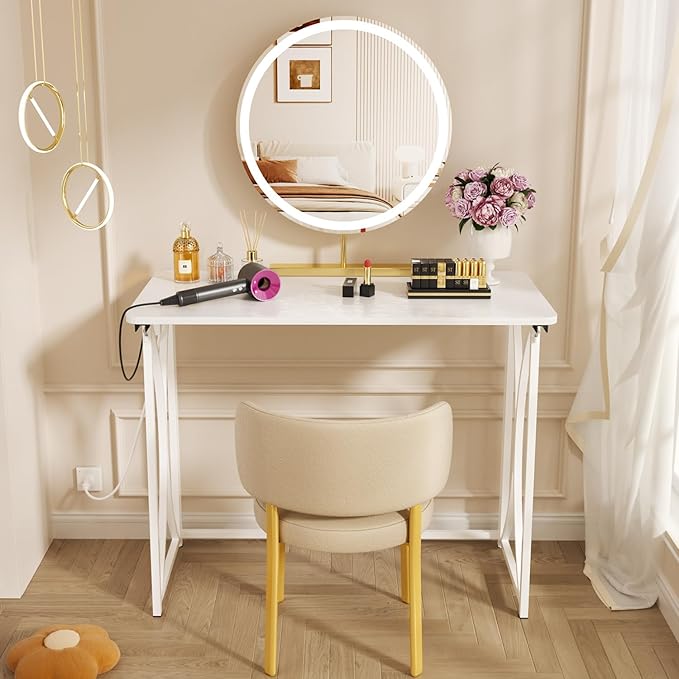 Foldable Desk, 31.5" Small Desk for Bedroom with Power Outlet, Space Saving Folding Computer Desk for Home Office, Easy Assembly, White