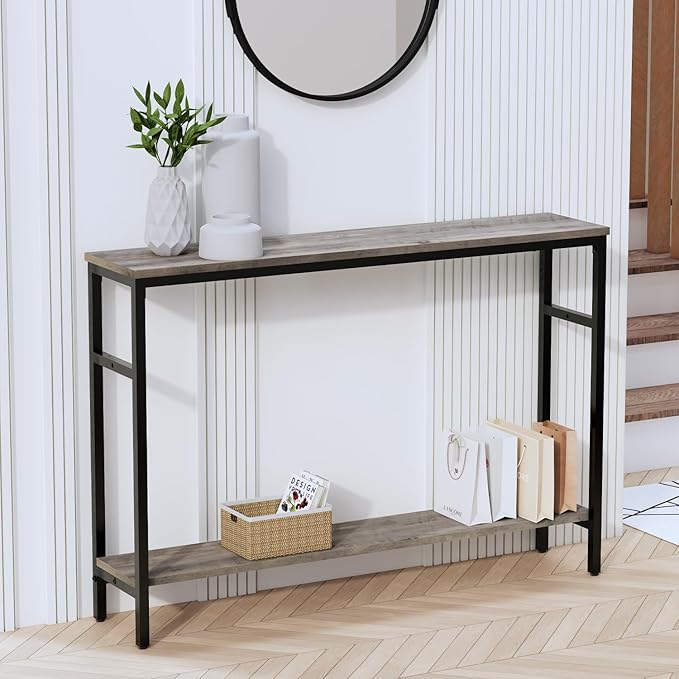 Narrow Console Table, 47 Inch Sofa Table with Adjustable Shelf, 2-Tier Long Skinny Table for Hallway, Entryway, Living Room, Foyer, Grey