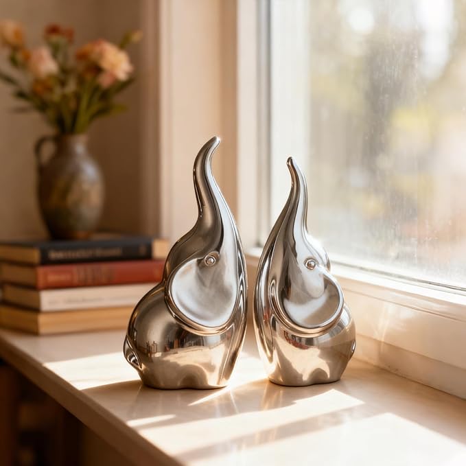 Ceramic Elephant Figurines with Trunk Up, Pair Couples Loving Statue, Small Figurines Sculpture African Home Decor, Valentine Elephants Gifts for Women, Wedding Knick Knacks(Silver