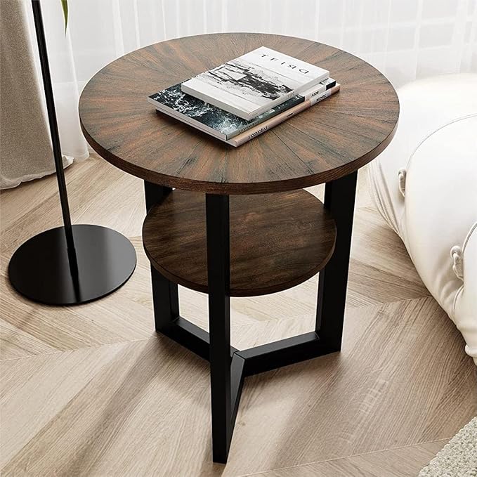 LEEMTORIG Round Side Table, 2-Tier End Table Nightstand with Metal Legs, Modern Bedside Accent Couch Table for Living Room, Bedroom, Office, Rustic Brown/Black, 19.3 x 19.3 x 24 inches BZ-1338-NC