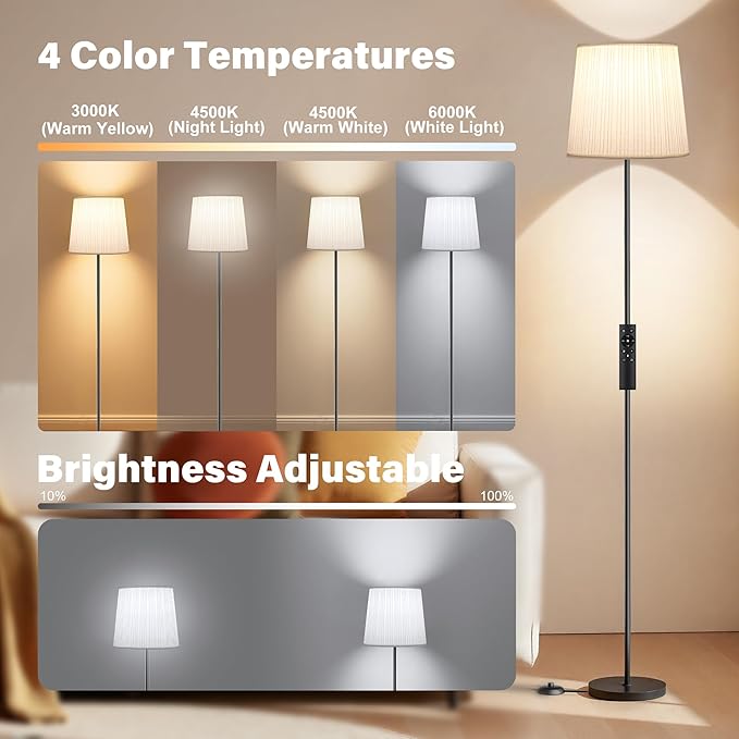 Pleated Shade Floor Lamp - 62" Dimmable Standing Lamp with Remote & Foot Switch, 4 Color Temps, E26 LED Bulb, 9W Modern Floor Reading Light for Living Room Bedroom Office Corner, Black
