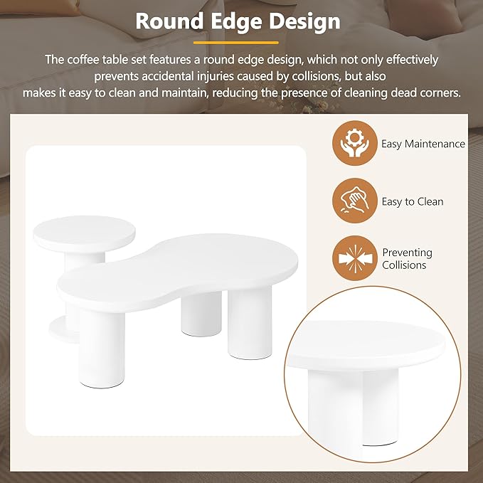 GDFStudio 39.3'' Nesting Coffee Table Set of 2,Cloud-Shaped & Round Side Tables, Minimalist Irregular Center Table with Sturdy Legs for Living Room,Easy Assembly,White