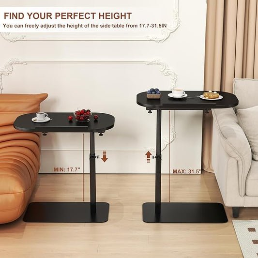 Solid Wood C Shaped Side Table for Sofa/Bed, Adjustable Height C Shaped End Table Metal Base, 360°Swivel/Flip Top Couch Tables That Slide Under, Small Spaces Laptop Stand Coffee Table (Black)