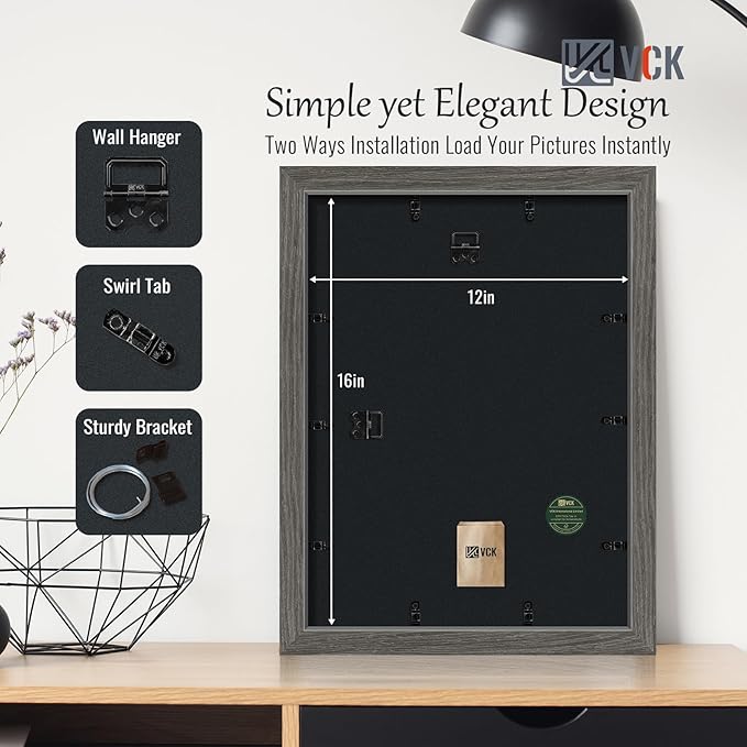 VCK 12x16 Picture Frame 2 Pack - Grey, High-End Wood Poster Frames with Tempered Glass, Display 8.5x11 Photo with Mat or 12x16 without Mat, Art Gallery-Quality, Wall Hanging, Grey