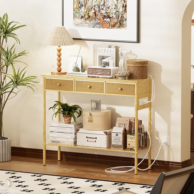 Entryway Table Sofa Console Table, Bamboo Small Entry Way Table with Drawers Storage and Power Outlets for Living Room, Hallway, Foyer, Entrance