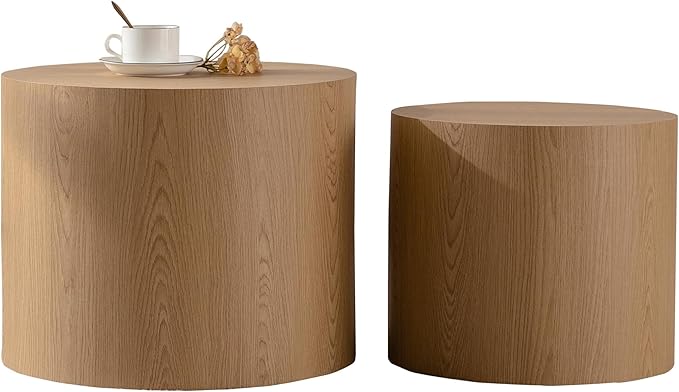 Nesting Coffee Table Set of 2, Modern Round Wooden Circle Accent Coffee Tables for Small Spaces Living Room Bedroom Balcony Office Drum Side Table