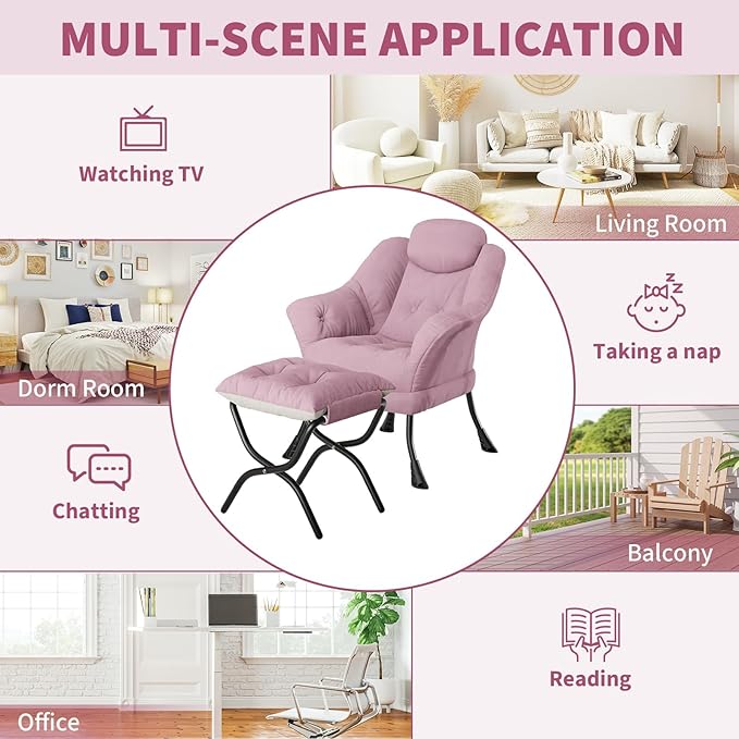 Living Room Chair Modern Accent Chair with Ottoman, Ergonomic Support, Foldable Footrest, Removable Washable Cover, Perfect for Bedroom and Living Room, Pink