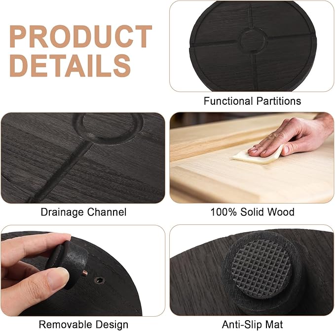 10'' Round Wooden Tray Pedestal Stand, Farmhouse Bathroom Decor Riser for Soap Dispenser, Perfume, Candle, 10'', Matte Black