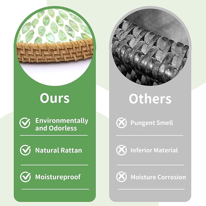 Round Rattan Tray with Mother of Pearl Inlay, Decorative Rattan Serving Tray for Home Boho Decor, Coffee Table, Bread, Food, Tea, Ottoman Trays-Fruit Wicker Basket, 100% Natural Materials Green- 13.8"