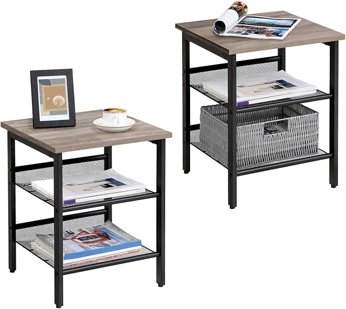 VASAGLE Nightstand, Set of 2 Side Tables, End Tables with Adjustable Mesh Shelves, for Living Room, Bedroom, Industrial, Stable Steel Frame, Easy Assembly, Greige and Black ULET024B02