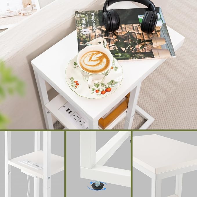 Yoobure C Shaped End Table with Charging Station, Small Side Tables for Living Room Bedroom, Sofa Table with USB Ports and Outlets for Small Spaces, Rustic Bed Side Table