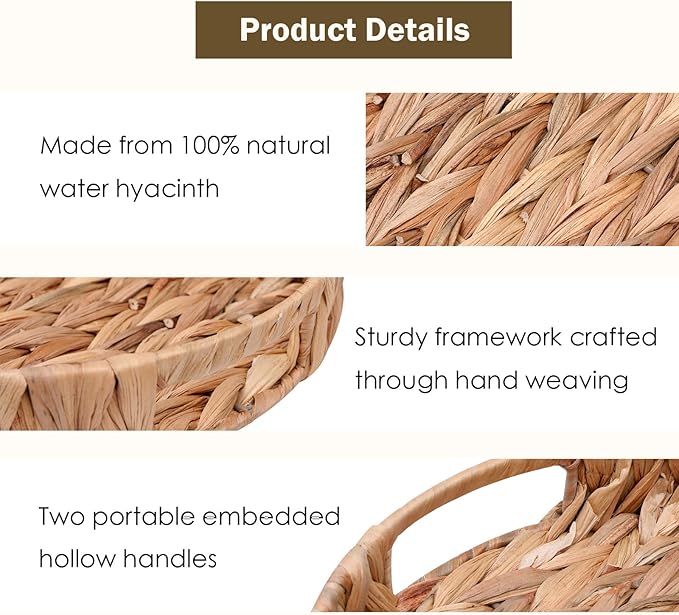 Round Serving Tray Hand-Woven Wicker Basket 11.8x1.9in Water Hyacinth Baskets with Handles,Coffee Table Tray for Fruit,Arts,Crafts