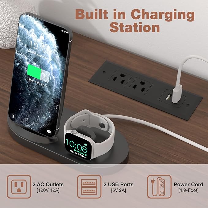 HOMMPA Nightstand with Charging Station, Boho Bedside Table with USB and Type-C Ports, Large Rattan Night Stand with 2 Drawers, Side Table End Table for Bedroom, Living Room, Small Space, Walnut