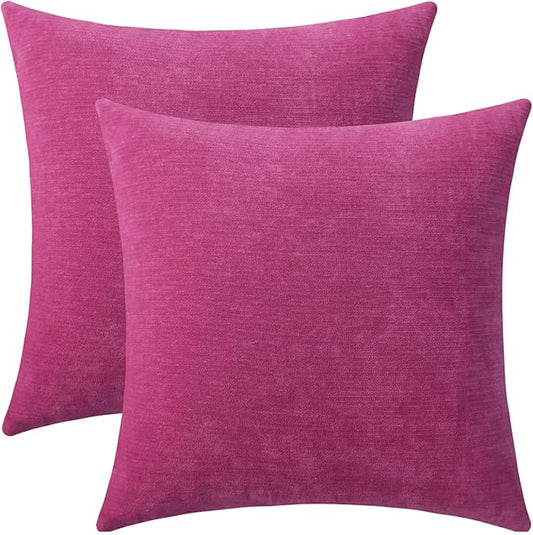 Hot Pink Cozy Soft Couch Throw Pillow Covers Decorative Chenille Square Cushion Cases for Sofa Living Room Decor, Set of 2, 18 x 18 Inches