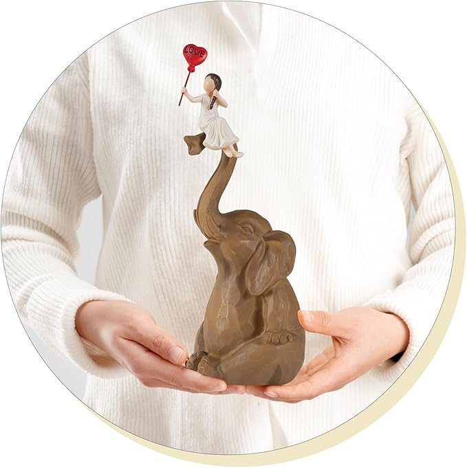 Elephant Statue Home Decor - Handmade Resin Sculpture Girl with Love Balloon Sitting on Elephant Figurines, Gifts for Women Girl Birthday (Brown)