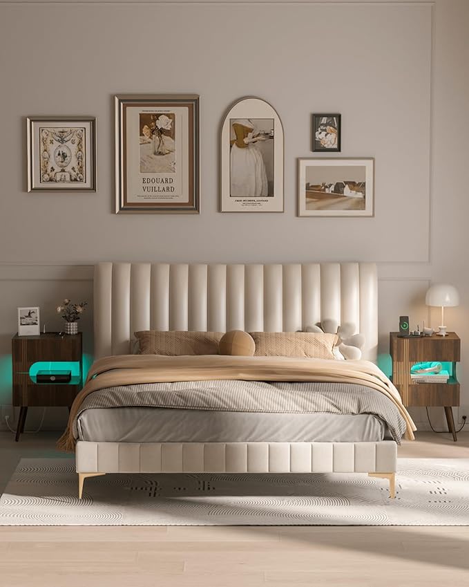 Nightstand with Charging Station and LED Lights,Modern Bedside Table with 2 Storage Drawer,Night Stand with Solid Wood Legs,White (Walnut Brown)