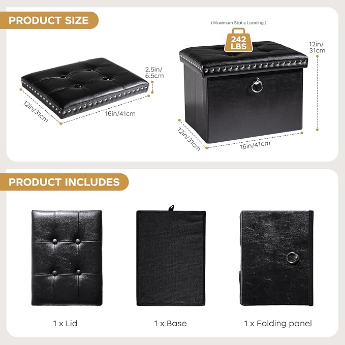 Storage Ottoman Foot Rest Stool, Foldable Leather Footstool Storage Bench with Rivet Design, Thicker Foam Padded Seat, Footrest Under Desk for Living Room Bedroom 242 lbs, 16x12x12 in, Black