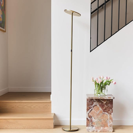 Brightech Sky LED Floor lamp for Living Rooms & Offices -Torchiere Super Bright , Dimmable, Tall Standing Lamp for Bedroom Reading - Gold Brass