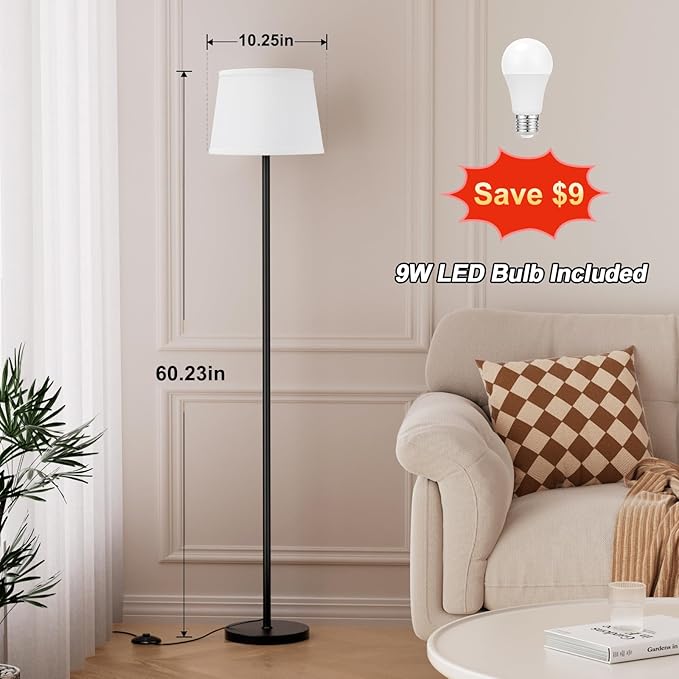 Floor Lamps for Living Room - 3 Color Temperatures Standing Lamp with White Shade, Modern Floor Lamp with LED Bulbs, Black Tall Lamp for Bedroom Office(9W Bulb Included)