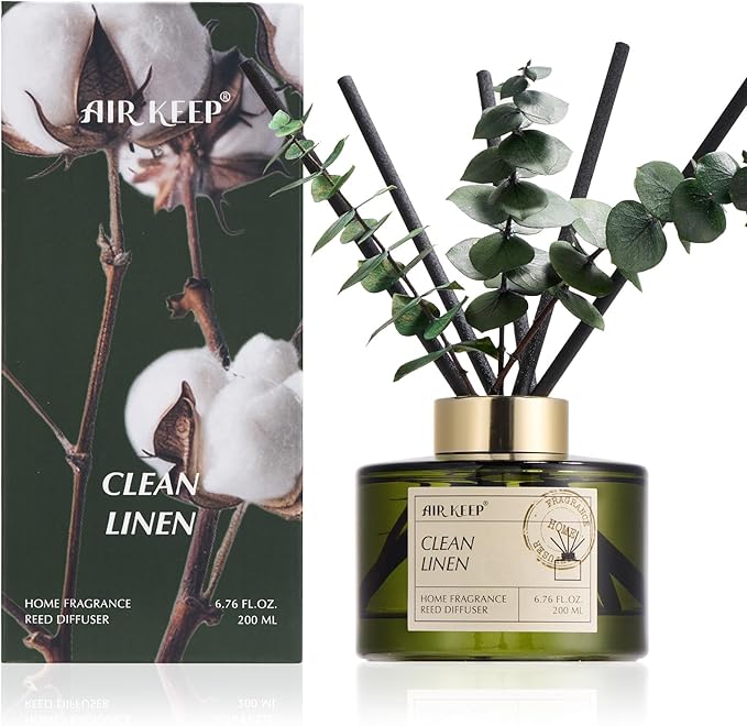 Airkeep Reed Diffuser Set with 6.76 fl oz Clean Linen Scent Essential Oils and 3 Leaves & 8 Diffuser Sticks,Bathroom Shelf Decor & Air Freshener, House Bedroom Office Decor & Gifts