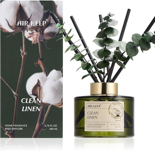 Airkeep Reed Diffuser Set with 6.76 fl oz Clean Linen Scent Essential Oils and 3 Leaves & 8 Diffuser Sticks,Bathroom Shelf Decor & Air Freshener, House Bedroom Office Decor & Gifts